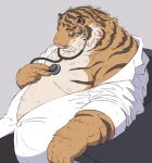  2022 anthro clothed clothing felid gadoran humanoid_hands kemono male mammal medical_instrument moobs nipples open_clothing open_shirt open_topwear pantherine pink_nose scientific_instrument shirt slightly_chubby solo tiger topwear 
