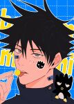  1boy badtz-maru bandaid bandaid_on_face bandaid_on_neck black_hair buttons candy commentary_request food fushiguro_megumi green_eyes hair_between_eyes high_collar highres holding holding_candy holding_food holding_lollipop j_haann jacket jujutsu_kaisen lollipop looking_at_viewer male_focus sanrio short_hair solo spiked_hair sticker sticker_on_face tongue tongue_out 