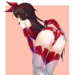  1girl absurdres amber_(genshin_impact) ass ass_grab bangs bare_shoulders bent_over black_hair blush boots breasts brown_eyes brown_hair cameltoe elbow_gloves eyebrows_visible_through_hair from_behind genshin_impact gloves hair_between_eyes hairband highres leotard long_hair looking_at_viewer looking_back mastgg red_gloves red_hairband red_leotard red_ribbon ribbon smile solo thigh_boots thighhighs thighs 