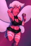  anthro arthropod cheerleader clothing demon female hi_res horn insect lepidopteran microphone minus_sakuroma_(retrospecter) moth mouthless panties pom_poms red_body red_eyes solo underwear unknown_artist wings 