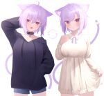  2girls :o absurdres ahoge animal_ear_fluff animal_ears arm_behind_head arm_up bangs black_collar black_hoodie blue_shorts blush bow cat_ears cat_girl cat_tail collar cowboy_shot drawstring dress dual_persona hair_between_eyes hand_in_pocket hand_up highres hololive hood hoodie long_sleeves looking_at_viewer multiple_girls nanome_to neck_ribbon nekomata_okayu open_mouth parted_lips purple_eyes purple_hair purple_ribbon ribbon short_hair short_shorts shorts simple_background skirt_hold standing tail tail_bow tail_ornament virtual_youtuber white_background white_bow white_dress 