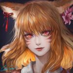  1girl animal_ears artist_name bangs close-up face final_fantasy final_fantasy_xiv flower hair_flower hair_ornament lips looking_at_viewer medium_hair nose orange_hair oreki_genya portrait red_eyes red_lips signature solo tassel 