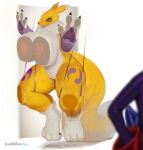  absurd_res anthro areola bandai_namco big_breasts blush bodily_fluids breasts canid canine digimon digimon_(species) dripping female fur genital_fluids genitals goldmikun hi_res impmon mammal nipples nude pussy pussy_juice pussy_juice_drip renamon simple_background white_background white_body white_fur yellow_body yellow_fur 