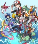  3girls 6+boys arm_up artist_request backpack bag bangs baseball_cap beanie black_hair black_pants black_shirt blue_footwear blue_gloves blue_headwear brendan_(pokemon) brown_eyes brown_hair buckle buttons cape capri_pants champion_uniform charizard charizard_pose clenched_hand clenched_hands closed_mouth coat commentary cresselia dark-skinned_female dark-skinned_male dark_skin dawn_(pokemon) earrings facial_hair feathers fur-trimmed_cape fur_trim gloves green_bag green_footwear green_hair hand_up hat highres holding holding_feather jacket jewelry latias leon_(pokemon) long_hair looking_back lycanroc lycanroc_(midnight) may_(pokemon) multiple_boys multiple_girls n_(pokemon) necklace official_alternate_costume olivia_(pokemon) outstretched_arm pants pantyhose pikachu pokemon pokemon_(game) pokemon_hgss pokemon_masters_ex pokemon_oras pokemon_sm pokemon_swsh poryphone purple_hair purple_shorts purple_skirt red_(pokemon) red_cape red_coat red_hair red_headwear riding riding_pokemon sceptile scottie_(pokemon) shirt shoes short_hair short_sleeves shorts sidelocks silver_(pokemon) skirt sleeveless sleeveless_coat sleeveless_jacket smile spread_fingers swept_bangs tailcoat w white_footwear white_headwear white_jabot zipper_pull_tab 