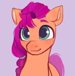  2021 braided_hair digital_media_(artwork) draw3 earth_pony equid equine eyebrows feral green_eyes hair hasbro horse mammal mane mlp_g5 my_little_pony orange_body pink_hair pink_mane pink_tail pony purple_background simple_background solo sunny_starscout_(mlp) 