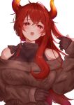  1girl bare_shoulders black_bow black_gloves black_shirt blush bow breasts brown_sweater dola_(nijisanji) gloves highres horns large_breasts long_hair looking_at_viewer meatn nijisanji open_mouth red_eyes red_hair ribbed_sweater shirt sweater virtual_youtuber white_background 