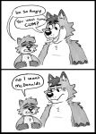  2022 anthro canid canine comic cute_fangs dialogue duo english_text eyes_closed hi_res male mammal procyonid raccoon rodraccoon size_difference text 