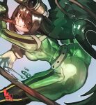  1girl :&gt; all_fours ass asui_tsuyu blush bodysuit boku_no_hero_academia breasts closed_mouth commentary eyebrows_visible_through_hair feet_out_of_frame from_above furrowed_brow gloves goggles goggles_on_head green_bodysuit green_eyes green_hair hair_between_eyes highres keziedra long_hair long_tongue looking_back looking_down low-tied_long_hair medium_breasts simple_background skin_tight solo spread_legs straight_hair tongue white_background white_gloves 