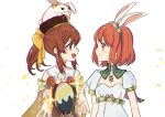  2girls animal_ears bow brown_eyes brown_hair delthea_(fire_emblem) dress easter_egg egg eyebrows_visible_through_hair fake_animal_ears fire_emblem fire_emblem:_mystery_of_the_emblem fire_emblem_echoes:_shadows_of_valentia fire_emblem_heroes hair_bow highres hoshigaki_(hsa16g) long_hair looking_at_another maria_(fire_emblem) multiple_girls official_alternate_costume ponytail rabbit_ears red_eyes red_hair short_hair smile upper_body white_background white_dress 