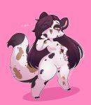  absurd_res andromorph anthro black_hair domestic_ferret female fur hair hi_res intersex long_hair mammal mustela mustelid musteline pink_background short_stack simple_background solo solo_focus thedeirdre96 true_musteline white_body white_fur yellow_eyes 