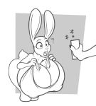  anthro bent_over big_breasts breasts cleavage clothed clothing disney duo female freckles_(artist) hi_res holding_object holding_phone huge_breasts hyper hyper_breasts judy_hopps lagomorph leporid looking_at_object looking_at_phone mammal monochrome nipple_outline offscreen_character open_mouth phone rabbit zootopia 