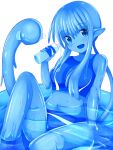  1girl :d blue_eyes blue_hair blue_skin blue_slime blue_swimsuit bottle colored_skin holding holding_bottle knee_up monster_girl navel original pool rethnick simple_background slime_girl smile solo swimsuit tentacles water water_bottle wet white_background 