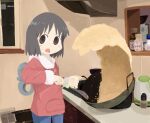  1girl bangs black_eyes black_hair cooking eyebrows_visible_through_hair food fried_rice highres hood hoodie long_sleeves medium_hair meme naaga_sonomono nichijou open_mouth parody red_hoodie rice rice_wave_(meme) shinonome_nano solo standing tongue v-shaped_eyebrows wok 