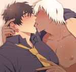  2boys arm_around_shoulder balnom bangs bara blush character_request clothed_male_nude_male collared_shirt dark-skinned_male dark_skin french_kiss from_side interracial kekkai_sensen kiss large_pectorals male_focus multiple_boys muscular muscular_male necktie nipples nose_blush nude original pectorals playing_with_another&#039;s_hair saliva shirt short_hair steven_a._starphase tongue tongue_out upper_body white_hair yaoi yellow_necktie 
