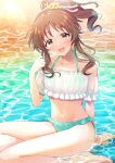  1girl 8n0_g aqua_bikini beach bikini brown_eyes brown_hair flat_chest flower hair_flower hair_ornament highres idolmaster idolmaster_cinderella_girls long_hair looking_at_viewer navel open_mouth outdoors ponytail puffy_short_sleeves puffy_sleeves shore short_sleeves sitting smile solo swimsuit takamori_aiko wet 