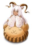  1girl absurdres animal_ears arknights beeswax_(arknights) beeswax_(weisser_sand)_(arknights) dark-skinned_female dark_skin goat_ears goat_girl goat_horns head_rest highres horns long_hair looking_at_viewer nnicoinu official_alternate_costume pillow simple_background solo sweater upper_body white_background white_hair white_sweater yellow_eyes 