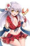  1girl :d bangs bare_shoulders bikini bikini_skirt bird bird_on_hand blue_scarf breasts cleavage collarbone fire_emblem fire_emblem:_radiant_dawn fire_emblem_heroes flower gloves gonzarez grey_hair groin hair_flower hair_ornament hair_ribbon highres large_breasts long_hair looking_at_viewer micaiah_(fire_emblem) miniskirt official_alternate_costume open_mouth red_bikini red_gloves red_swimsuit ribbon scarf simple_background skirt smile solo swimsuit white_background yellow_eyes yune_(fire_emblem) 