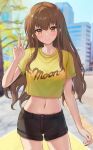  1girl bangs black_shorts blurry blurry_background blush brown_eyes brown_hair building cowboy_shot crop_top eyebrows_visible_through_hair fate/extra fate/extra_ccc fate_(series) highres kishinami_hakuno_(female) long_hair looking_at_viewer midriff navel sauvignon shirt short_sleeves shorts sidelocks smile solo standing t-shirt thighs tree v yellow_shirt 