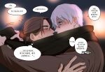  2boys balnom bangs blush couple eyepatch from_side glasses highres hug korean_text male_focus multiple_boys noses_touching original ponytail scarf shared_clothes shared_scarf short_hair translation_request upper_body white_hair winter_clothes yaoi 