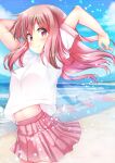  1girl absurdres arms_up bangs blue_sky blush breasts closed_mouth cloud commentary_request cowboy_shot fake_wings highres hoshikage_wataru long_hair looking_at_viewer medium_breasts midriff ocean original pink_eyes pink_hair pink_skirt pleated_skirt sand shirt short_sleeves skirt sky smile solo white_shirt wings 