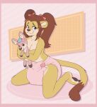  accessory anthro bite biting_lip covering covering_breasts diaper diaper_only felid female hair_accessory hair_ribbon hi_res holding_object lion mammal pantherine pawpads pigtails plushie ribbons solo 