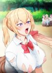  1boy 4girls amatani_mutsu blonde_hair blue_eyes blurry blurry_background bow bowtie breasts button_gap day half-closed_eyes huge_breasts kneeling kujou_shion looking_at_another looking_up multiple_girls neocoill nipples onishima_homare open_mouth oral_invitation outdoors penis school_uniform shirt skirt solo_focus sounan_desuka? suzumori_asuka teeth tongue tongue_out torn_clothes torn_shirt tree twintails upper_teeth 