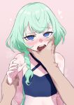 1girl blue_eyes blush braid copyright_request fingernails flat_chest green_hair hand_up heart heart-shaped_pupils highres holding_another&#039;s_wrist long_hair looking_at_viewer open_mouth osame pink_nails pov pov_hands saliva solo_focus symbol-shaped_pupils 