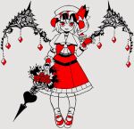 1girl ascot bangs black_wings boku_(isizakitakasi) collared_shirt commentary crystal drill_hair fingerless_gloves flandre_scarlet flower frilled_skirt frills full_body gloves hat hat_ribbon highres laevatein_(touhou) looking_at_viewer mary_janes medium_hair mob_cap one_side_up partially_colored puffy_short_sleeves puffy_sleeves red_eyes red_flower red_footwear red_gloves red_ribbon red_skirt red_vest ribbon sharp_teeth shirt shoes short_sleeves skirt slit_pupils socks solo teeth touhou vest white_ascot white_background white_shirt wings wrist_cuffs 