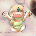  1boy bangs blonde_hair chibi clenched_hands closed_eyes commentary_request diamond_(shape) emerald_(pokemon) gem green_gemstone green_shirt highres indoors long_hair male_focus on_bed open_mouth pokemon pokemon_(creature) pokemon_adventures self_upload shirt short_sleeves sitting sitting_on_bed solo sonasan tearing_up trembling waking_up yawning 