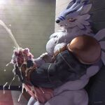  anthro armor bandai_namco big_biceps big_penis bodily_fluids canid canine cum cumshot digimon digimon_(species) ejaculation excessive_cum genital_fluids genitals hi_res huge_penis hyper hyper_genitalia hyper_penis kuroma looking_pleasured male mammal masturbation muscular muscular_arms muscular_male penis pink_penis solo sweat two-handed_masturbation vein veiny_penis weregarurumon 