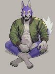  2022 absurd_res animal_crossing anthro athletic athletic_anthro athletic_male biped blue_body blue_fur bodily_fluids canid canine canis claws clothed clothing covering covering_crotch crossed_legs digital_media_(artwork) digitigrade fangs finger_claws fur grey_background grin hi_res jacket jacket_only k0bit0wani lobo_(animal_crossing) looking_at_viewer male mammal multicolored_body multicolored_fur navel nintendo open_clothing open_jacket open_topwear pecs simple_background sitting smile solo sweat topwear two_tone_body two_tone_fur video_games white_body white_fur wolf yellow_eyes 