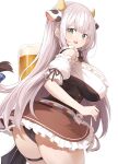  1girl alcohol animal_ears ass bangs beer beer_mug blush breasts cow_ears cow_horns cup dress eyebrows_visible_through_hair frilled_dress frills green_eyes grey_hair hair_between_eyes highres hololive horns huge_breasts large_breasts long_hair looking_at_viewer mole mole_on_breast mou_tama_maru mug open_mouth shirogane_noel smile solo thick_thighs thigh_strap thighs virtual_youtuber 