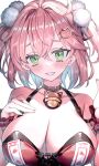  1girl bare_shoulders bell black_collar breasts cat_hair_ornament cleavage collar green_eyes hair_between_eyes hair_ornament hololive large_breasts looking_at_viewer neck_bell parted_lips pink_hair redcomet sakura_miko short_hair simple_background smile solo two_side_up virtual_youtuber white_background 