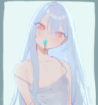  1girl beijuu breasts camisole closed_mouth collarbone covered_nipples girls&#039;_frontline hair_between_eyes long_hair looking_at_viewer mouth_hold red_eyes see-through small_breasts solo strap_slip tokarev_(girls&#039;_frontline) upper_body white_hair 
