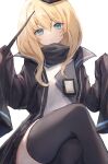  1girl arknights black_jacket black_legwear blonde_hair blue_eyes crossed_legs durin_(arknights) feet_out_of_frame frown grey_shirt hair_between_eyes hands_up highres holding holding_wand id_card jacket looking_at_viewer nagute oversized_clothes pointy_ears raised_eyebrows shirt simple_background sitting sleeves_past_fingers sleeves_past_wrists solo thighhighs wand white_background 