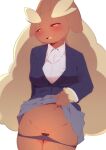  absurd_res anthro blush breasts brown_body censored clothed clothing female fur genitals hi_res lagomorph looking_at_viewer lopunny mammal nintendo pok&eacute;mon pok&eacute;mon_(species) pussy smile solo umisag85rabb99 video_games 