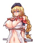  absurdres ascot blonde_hair blue_eyes blush bound bound_arms braid breasts cleavage des_moines_(warship_girls_r) hat highres huge_breasts juili_jui long_hair navel open_clothes open_shirt rope tears teeth very_long_hair warship_girls_r 