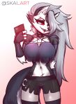  absurd_res anthro black_body black_fur black_nose canid canid_demon canine clothed clothing demon female fur hair hellhound helluva_boss hi_res long_hair loona_(helluva_boss) mammal multicolored_body multicolored_fur phone red_sclera skai_art solo tongue tongue_out white_body white_fur 