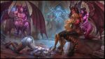  6+girls black_hair colored_skin demon_girl demon_horns demon_tail demon_wings elf fingering highres horns kneeling multiple_girls pale_skin pink_skin pointy_ears red_hair red_skin restrained sitting tail vempire warcraft white_hair wings world_of_warcraft yuri 