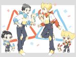  2boys :d alternate_costume bangs barry_(pokemon) black_hair blonde_hair brown_eyes chibi closed_mouth commentary_request grey_eyes highres jacket leg_up long_sleeves lucas_(pokemon) male_focus minun multiple_boys open_clothes open_jacket open_mouth pants plusle pokemon pokemon_(creature) pokemon_(game) pokemon_dppt shoes short_hair smile teeth tongue upi_(ukn18pkanother) white_jacket yellow_footwear 