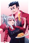  1boy 1girl absurdres apron black_hair blush demon_girl demon_horns food helltaker helltaker_(character) highres horns lucifer_(helltaker) mole mole_under_eye pancake red_eyes red_shirt shirt size_difference sunglasses white_hair yumesphere 