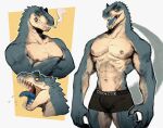  2022 absurd_res allosaurid allosaurus angry anthro biped blue_tongue bulge claws clothing cross-popping_vein digital_media_(artwork) dinosaur finger_claws green_body green_scales hi_res k0bit0wani male muscular muscular_anthro muscular_male navel nipples non-mammal_navel non-mammal_nipples open_mouth orange_eyes pecs reptile scales scalie sharp_teeth simple_background smoking tan_body tan_scales teeth theropod tongue underwear white_background yellow_background 