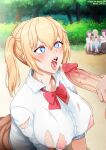  1boy 4girls absurdres amatani_mutsu blonde_hair blue_eyes blurry blurry_background bow bowtie breasts button_gap cum cum_in_mouth day ejaculation eyelashes heart heart-shaped_pupils highres huge_breasts kneeling kujou_shion looking_at_another looking_up multiple_girls neocoill nipples onishima_homare open_mouth oral outdoors penis red_bow red_bowtie school_uniform shirt skirt solo_focus sounan_desuka? suzumori_asuka symbol-shaped_pupils teeth tongue tongue_out torn_clothes torn_shirt tree twintails upper_teeth 