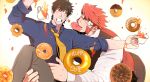  2boys balnom bangs bara carrying carrying_person coffee_cup collared_shirt cup disposable_cup doughnut eye_contact feet_out_of_frame food food_focus food_in_mouth glasses highres kekkai_sensen klaus_von_reinhertz leaning_forward looking_at_another male_focus mouth_hold multiple_boys muscular muscular_male mutton_chops necktie scar scar_on_cheek scar_on_face shirt short_hair spill spilling steven_a._starphase sweatdrop tusks yaoi yellow_necktie 