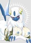  absol anthro areola big_breasts blush breasts claws clothed clothing female fur hi_res looking_at_viewer mammal mx_ragam nintendo nipple_piercing nipples piercing pok&eacute;mon pok&eacute;mon_(species) red_eyes simple_background solo video_games white_body white_fur 