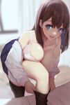  1girl bent_over black_footwear blue_eyes bra breast_press breasts clothes_pull highres large_breasts leaning_forward looking_at_viewer original partially_undressed shirt shirt_pull skirt smile sock_pull underwear untue 