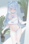  1girl bangs blue_eyes blurry blurry_background breasts collar frills hair_between_eyes hairband harness highres light_blue_hair long_hair looking_at_viewer medium_breasts navel open_mouth original plant potted_plant see-through see-through_sleeves short_sleeves solo standing twintails unusa 