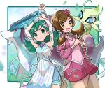  2girls :d armpits arms_up bangs blush border brown_eyes brown_hair celebi closed_mouth commentary detached_sleeves dress eyelashes flower fu_(tk1189227dhy) glint glowing green_eyes green_hair hair_flower hair_ornament highres kris_(pokemon) long_hair lyra_(pokemon) multiple_girls official_alternate_costume open_mouth outside_border own_hands_together pokemon pokemon_(creature) pokemon_(game) pokemon_masters_ex smile sparkling_eyes steepled_fingers stretch suicune teeth tongue twintails upper_teeth 