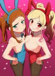  2girls aikatsu!_(series) aikatsu_stars! animal_ears asymmetrical_docking blonde_hair blue_bow blue_bowtie blue_leotard blush bow bowtie breast_press breasts brown_hair brown_legwear cleavage closed_mouth detached_collar fake_animal_ears fingernails flat_chest from_side gradient_hair green_eyes hands_on_hips heart highres large_breasts leotard looking_at_viewer looking_to_the_side multicolored_hair multiple_girls nijino_yume osame pantyhose pink_background pink_hair playboy_bunny rabbit_ears red_bow red_bowtie red_eyes red_leotard smile standing sweat twintails 