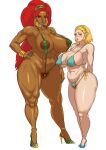  big_breasts bikini blonde_hair blush breasts breath_of_the_wild clothed clothing cyberboi female hair hi_res humanoid hylian larger_female nintendo not_furry princess_zelda pubes red_hair side-tie_bikini size_difference skimpy sling_bikini smaller_female swimwear the_legend_of_zelda urbosa video_games 